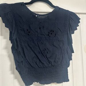 Misa Los Angeles Navy Blue Ruffle Eyelet Top - Size XS